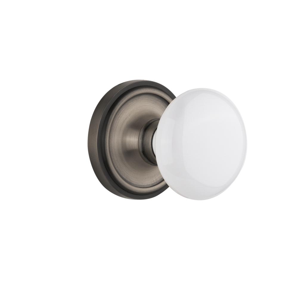 Nostalgic Warehouse CLAWHI Privacy Knob Classic Rosette with White Porcelain Knob in Antique Pewter
